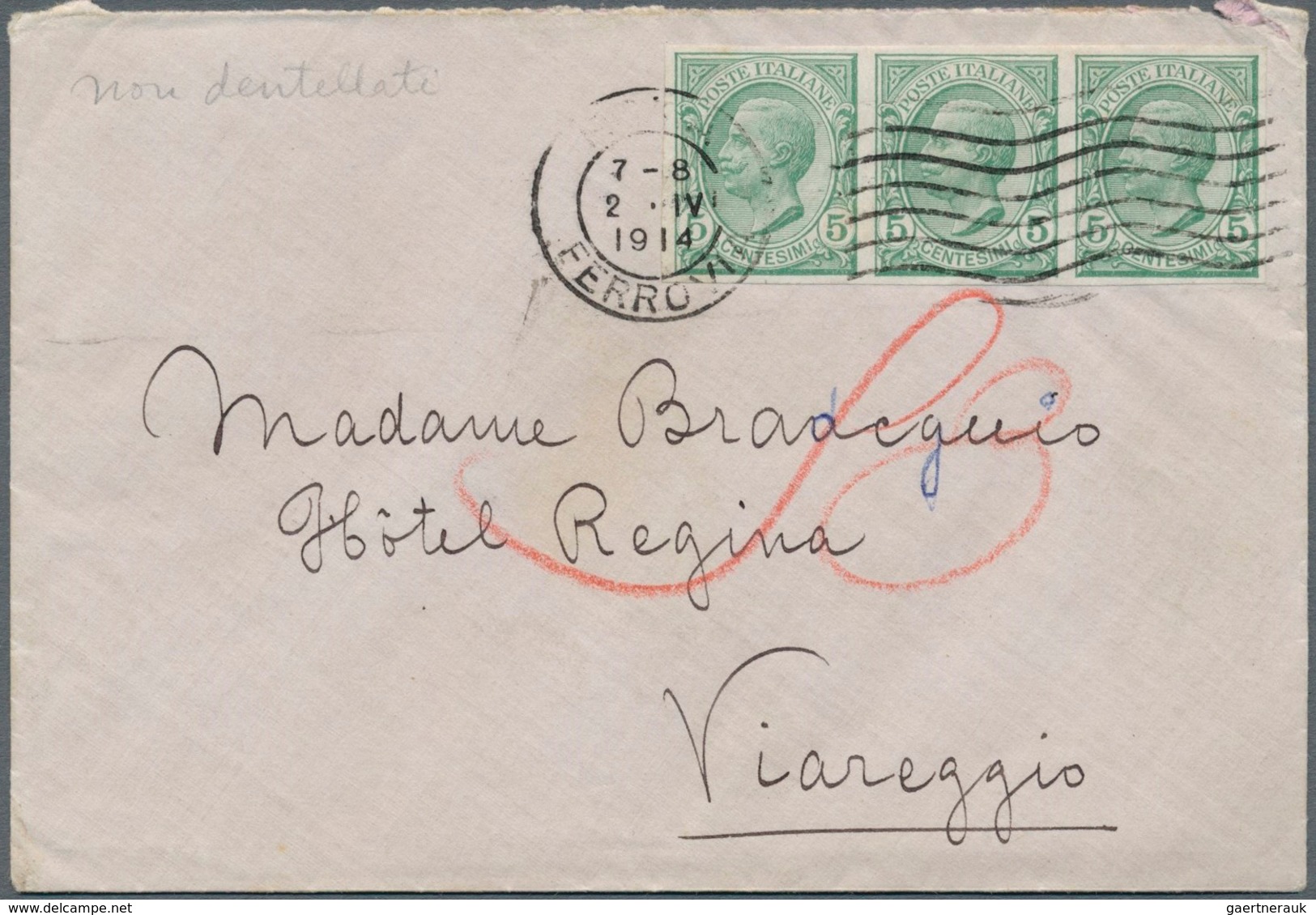 Italien: 1906 5 C. Green Unperforated, Strip Of Three On Letter Tied By Machine Cancel ROMA FERROVIA - Used