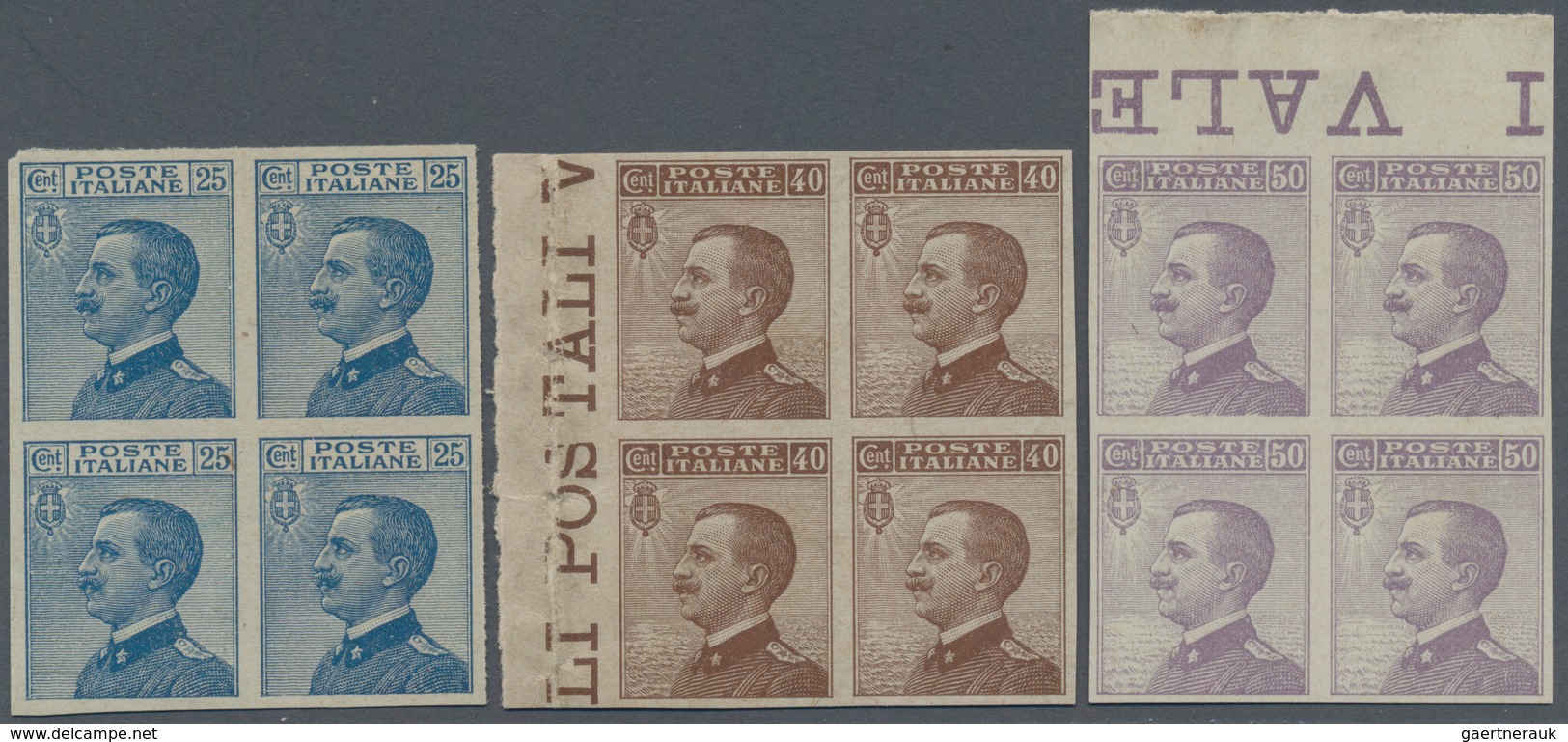 Italien: 1908, 25 C Blue, 40 C Brown And 50 C Light-violet Each In Block Of Four, Imperforated, Mint - Gebraucht