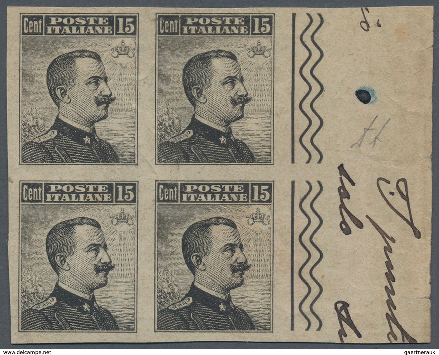 Italien: 1909, 15 C Slate In Block Of Four Imperforated Unused With Original Gum, Paper Slightly Cru - Gebraucht
