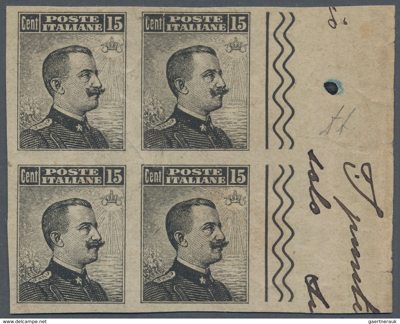 Italien: 1909, 15 C Slate In Block Of Four Imperforated Unused With Original Gum, Paper Slightly Cru - Used