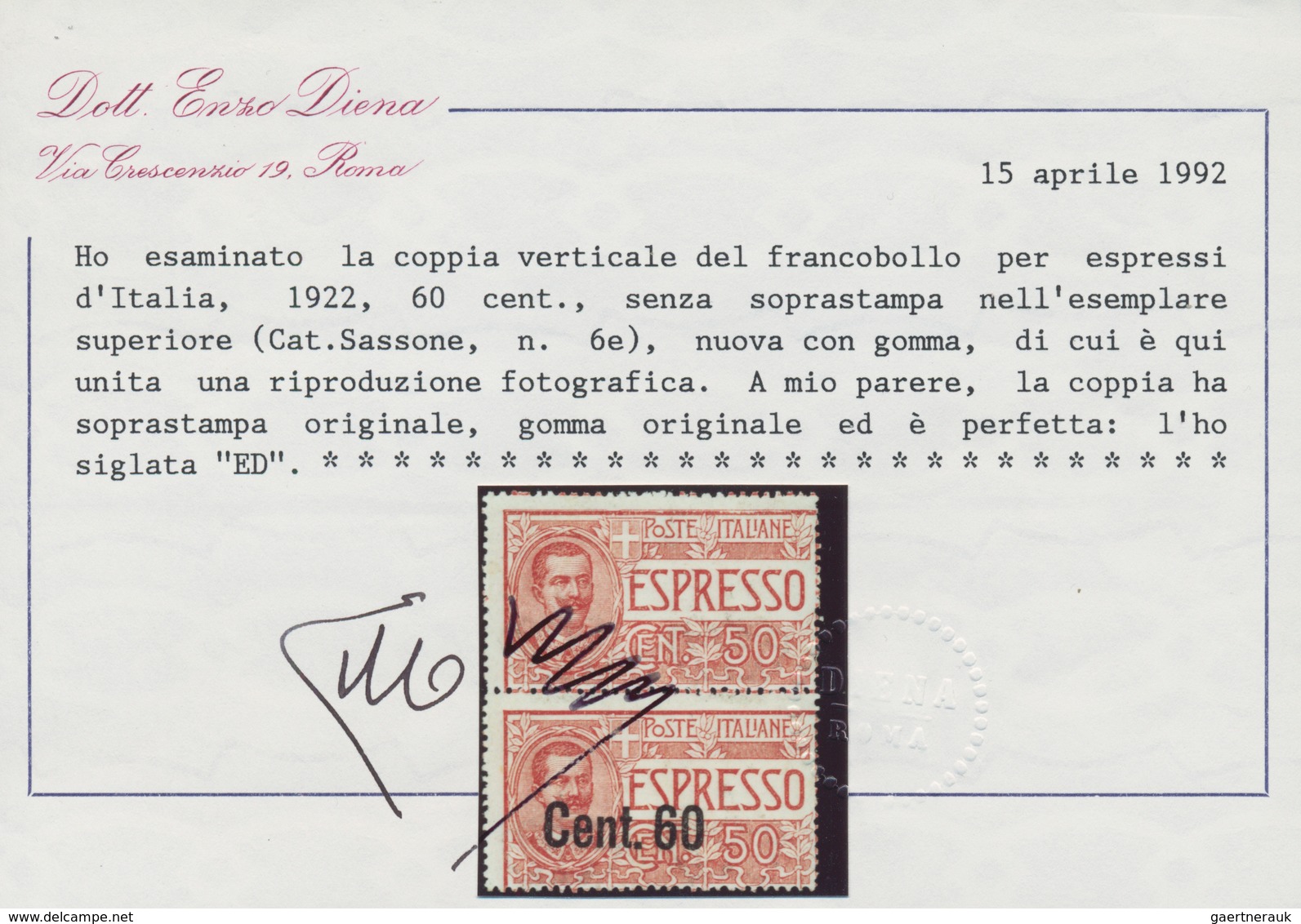 Italien: 1922, 60 C On 50 C Brownish-rose Vertical Pair With And Without Overprint Unused With Origi - Gebraucht