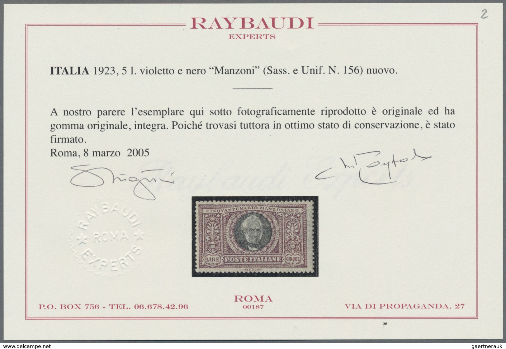 Italien: 1923, 5 L Violet And Black "Manzoni", Mint Never Hinged, Sigend And Certificate Raybaudi. M - Gebraucht