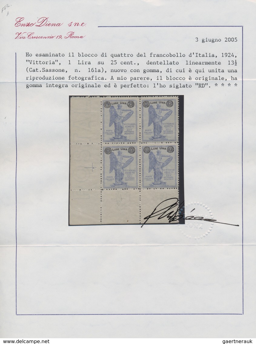 Italien: 1924. 1 L On 20 C Blue "Vittorio Veneto, Block Of Four From The Lower Left Corner Of The Sh - Gebraucht