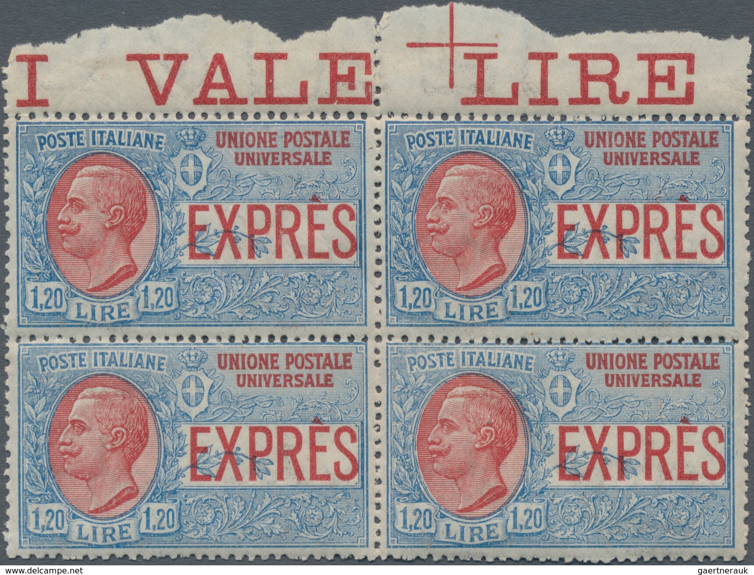Italien: 1924. Special Delivery Stamp 1.60 On 1.20 L Blue/red In A Block Of 4 With Top Margin. Each - Gebraucht