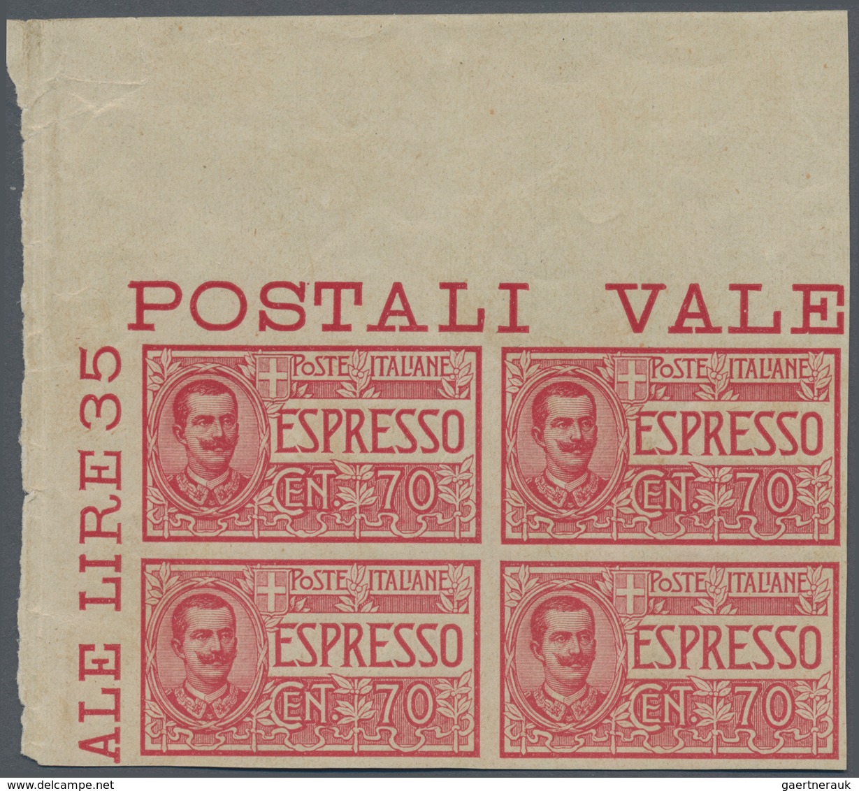 Italien: 1925/1926, 70 Cent. Carmine And 1.25 L Blue Each In Block Of Four Unused, Imperforted With - Gebraucht