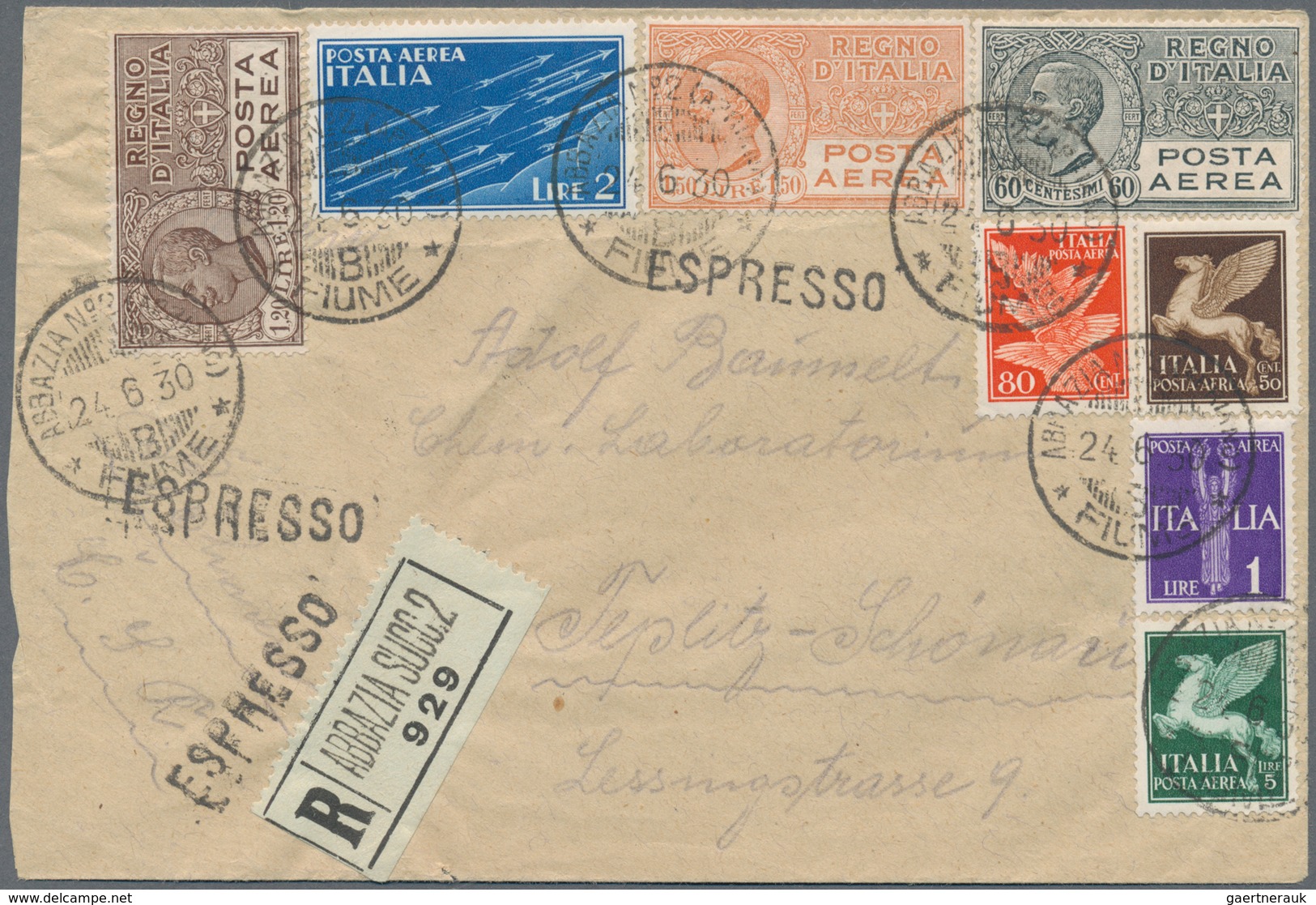 Italien: 1926/1930, 8 Different Airmail Stamps From 50 C To 5 L, Mixed Franking On Registered Expres - Gebraucht