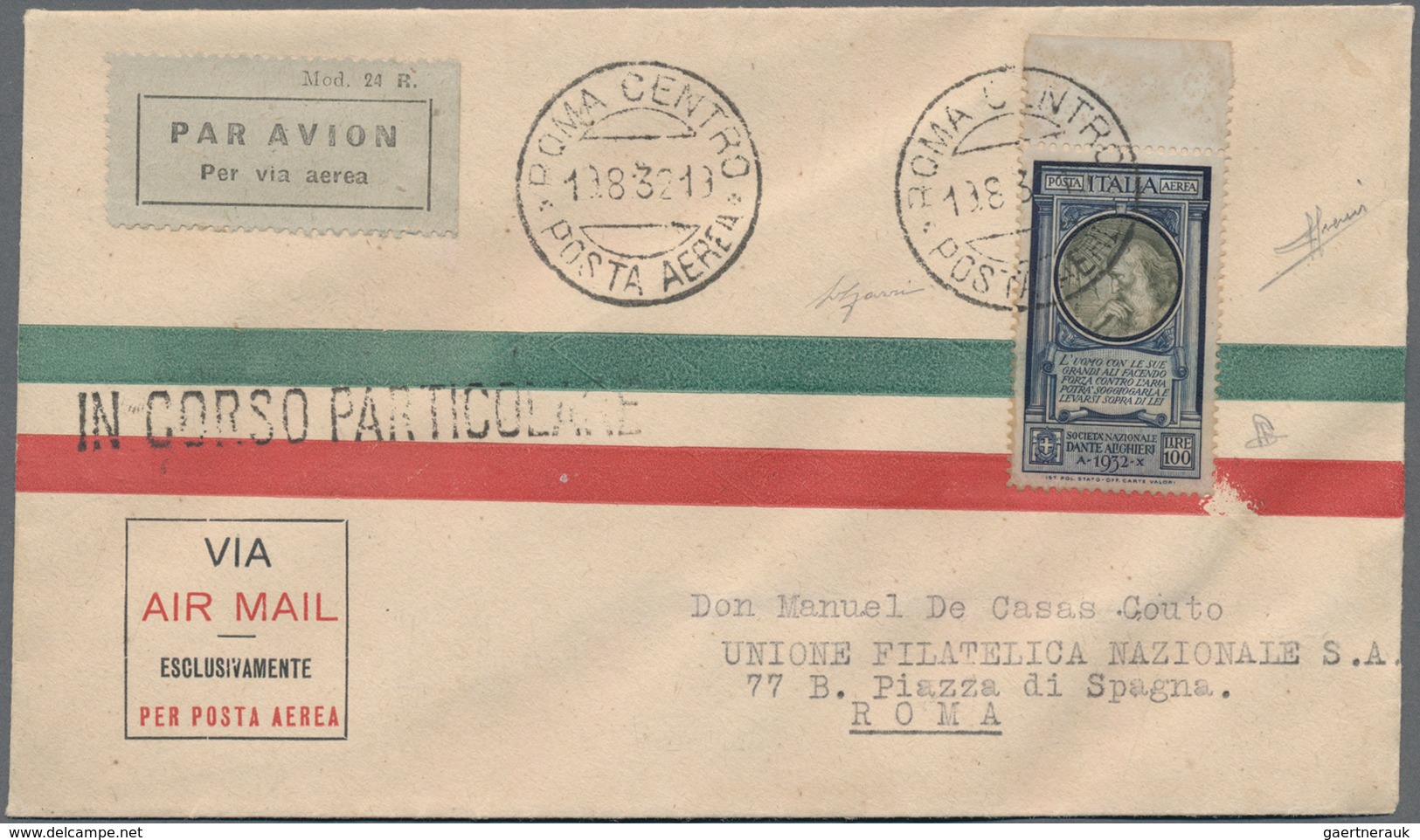 Italien: 1932, Airmail 100l. "Dante Alighieri", Top Marginal Copy (slightly Unfresh Appearance) On C - Gebraucht