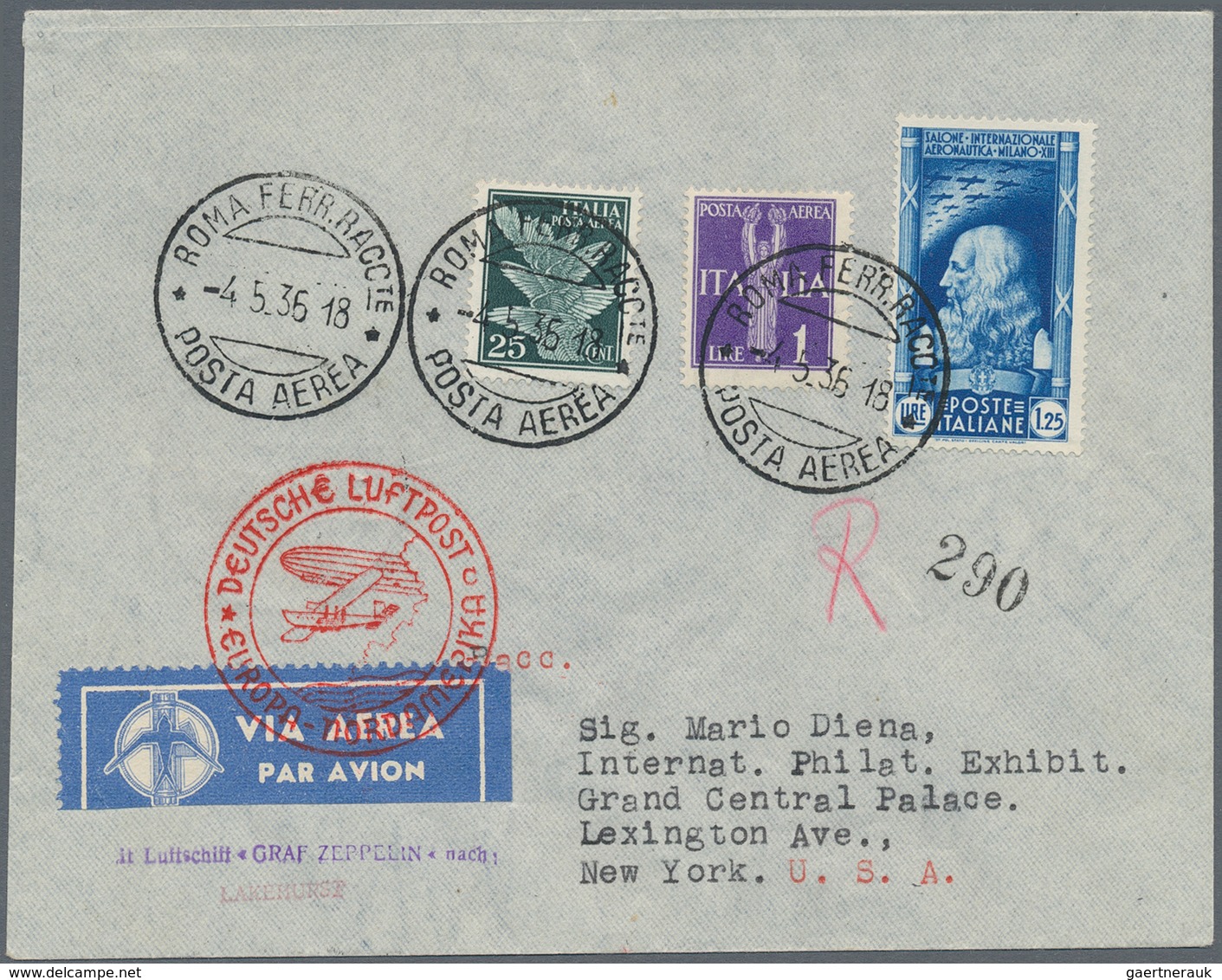 Italien: 1936, 1. Nordamerikafahrt 1936, Brief Ab Rom 4.5. Mit Bunter MiF, Flugstempel "c". Transit - Oblitérés