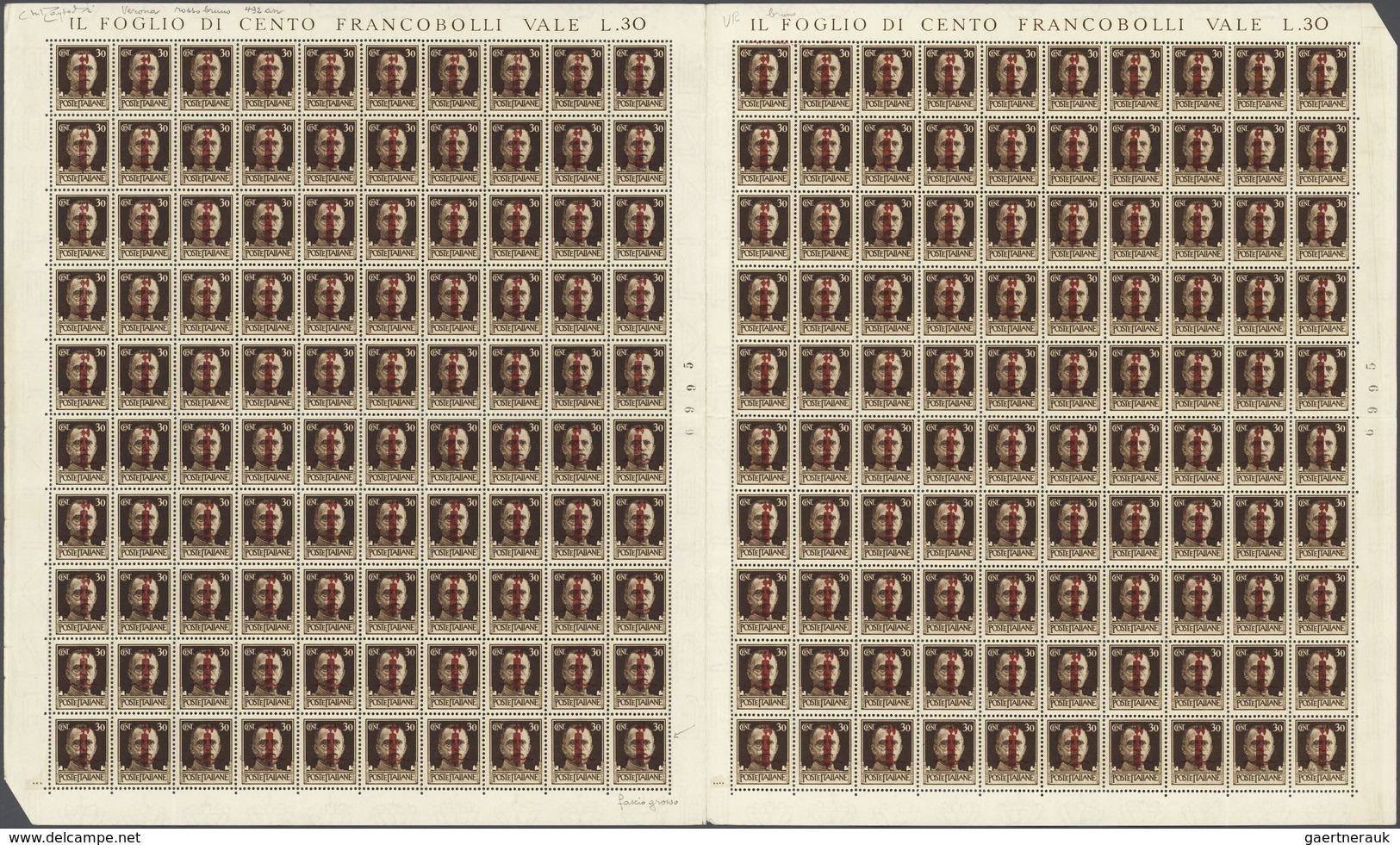 Italien: 1944, 50 C Brown Original Double Sheet Of 100 Stamps (folded) With Red Overprint, Mint Neve - Gebraucht