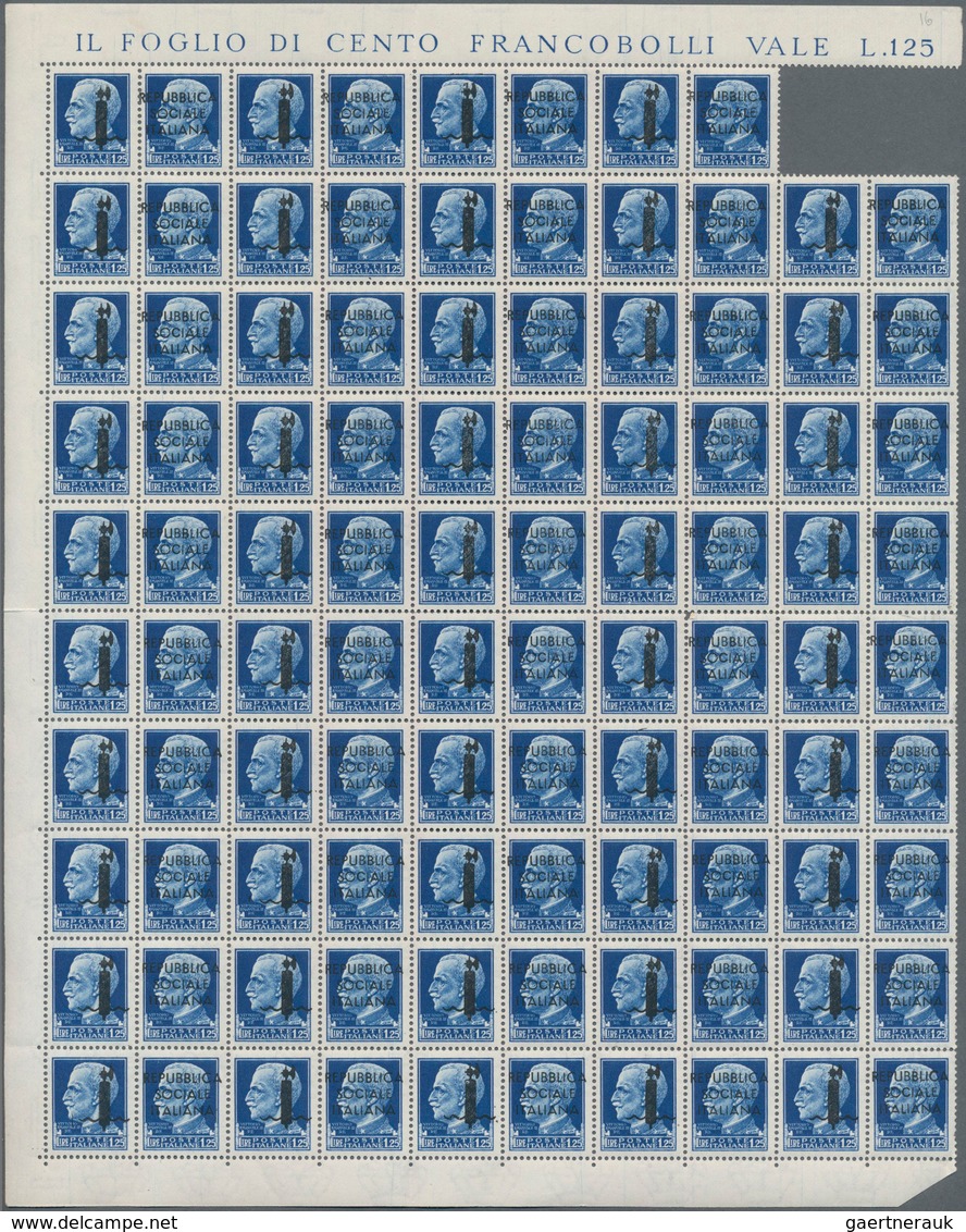 Italien: 1944, 1.25 L Blue Folded Original Sheet Of 100 Stamps (without Two Items), The Margin On Ri - Gebraucht