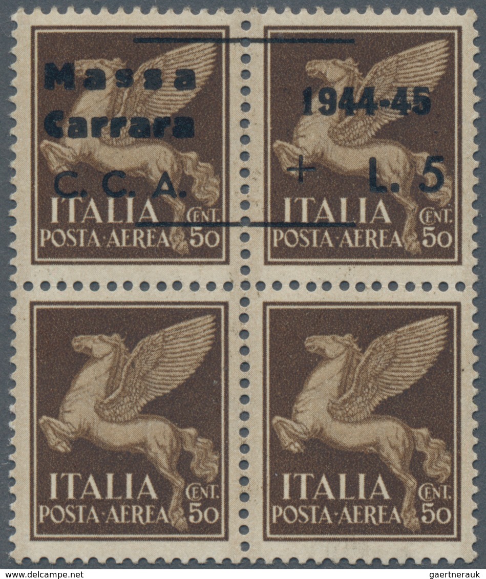 Italien: 1945, C.L.N. MASSA CARRARA Local Issue, 5 Lire On 50 C Brown Airmail Stamp, Block Of Four W - Gebraucht