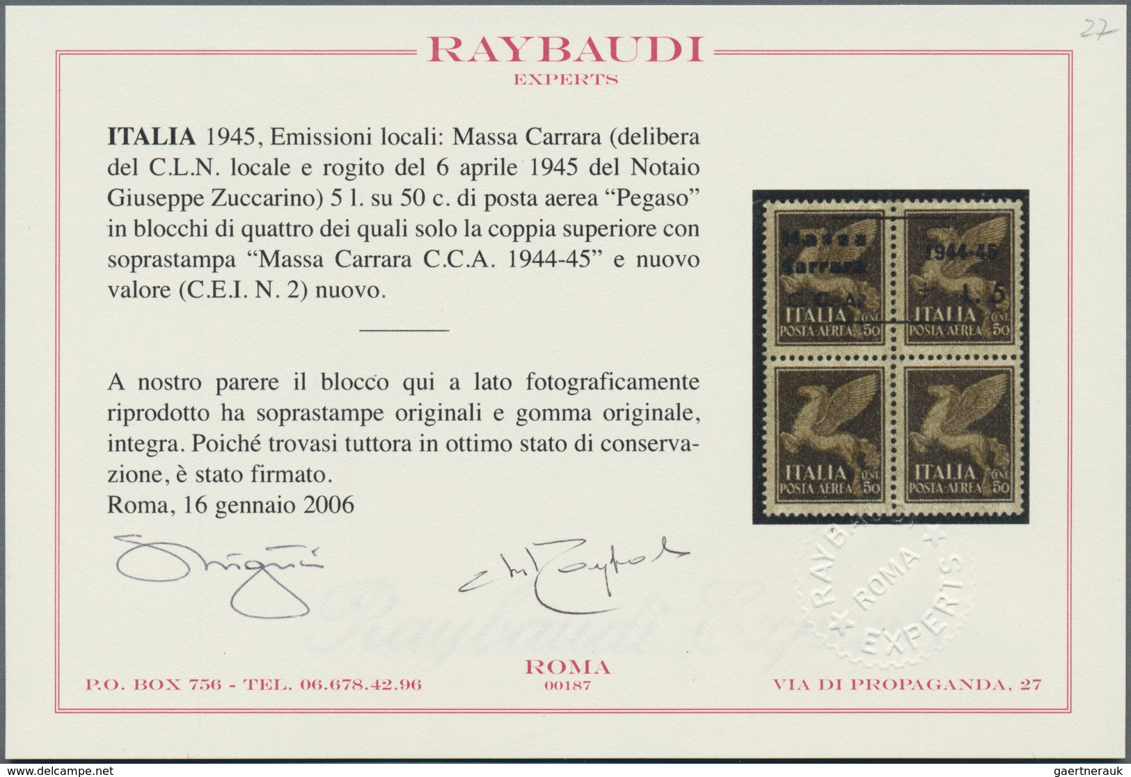 Italien: 1945, C.L.N. MASSA CARRARA Local Issue, 5 Lire On 50 C Brown Airmail Stamp, Block Of Four W - Gebraucht