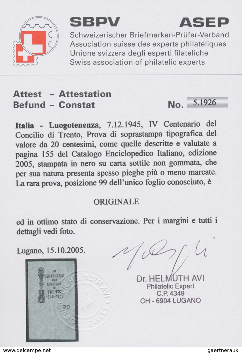 Italien: 1945, "Luogotenenza 1945" - Council Of Trento - Overprint Proof 20 C. On Imperforated Thin - Gebraucht