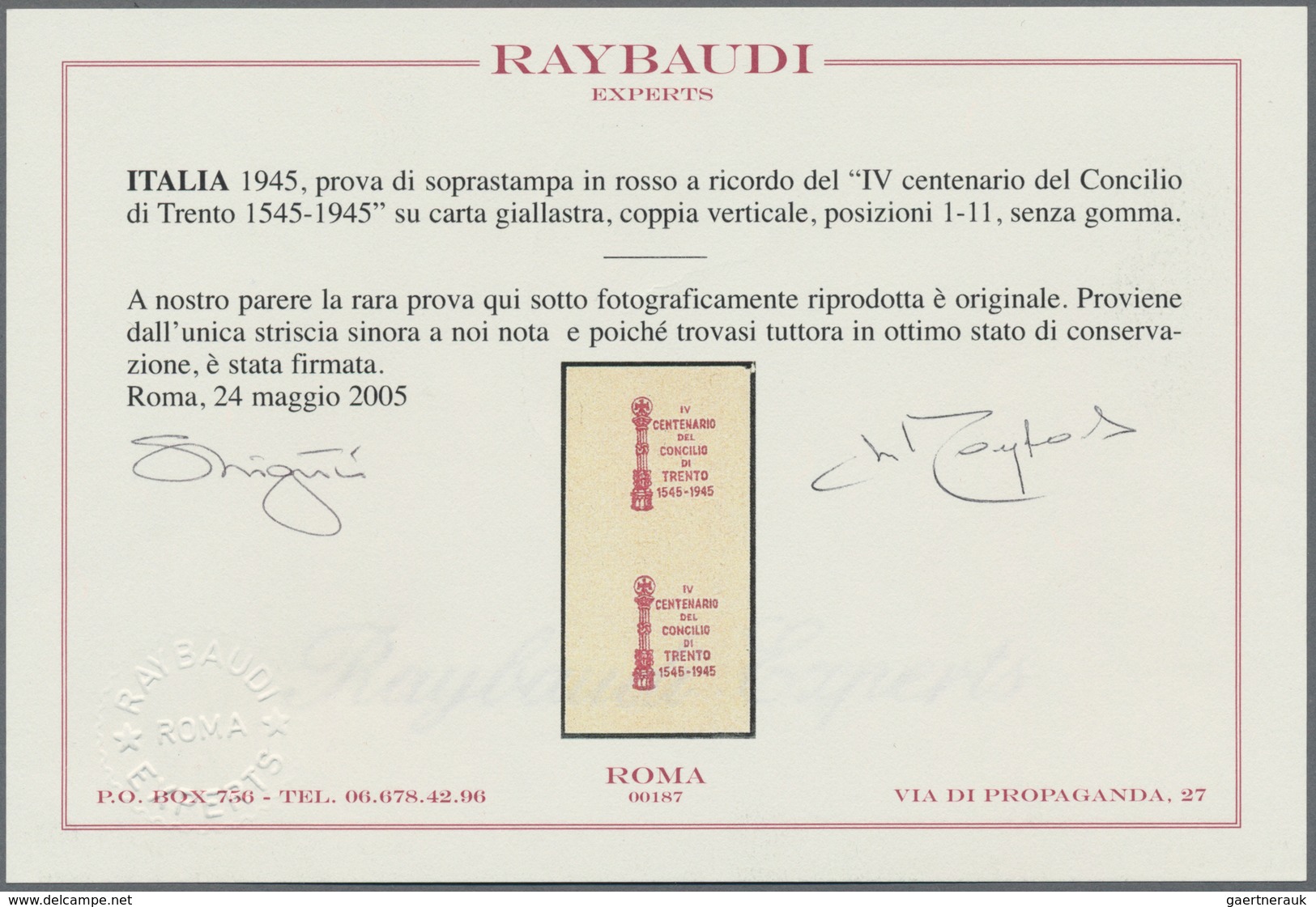 Italien: 1945, Proof Of The Overprint From Unissued "IV Centenario Del Concilio Di Trento 1545-1945 - Oblitérés
