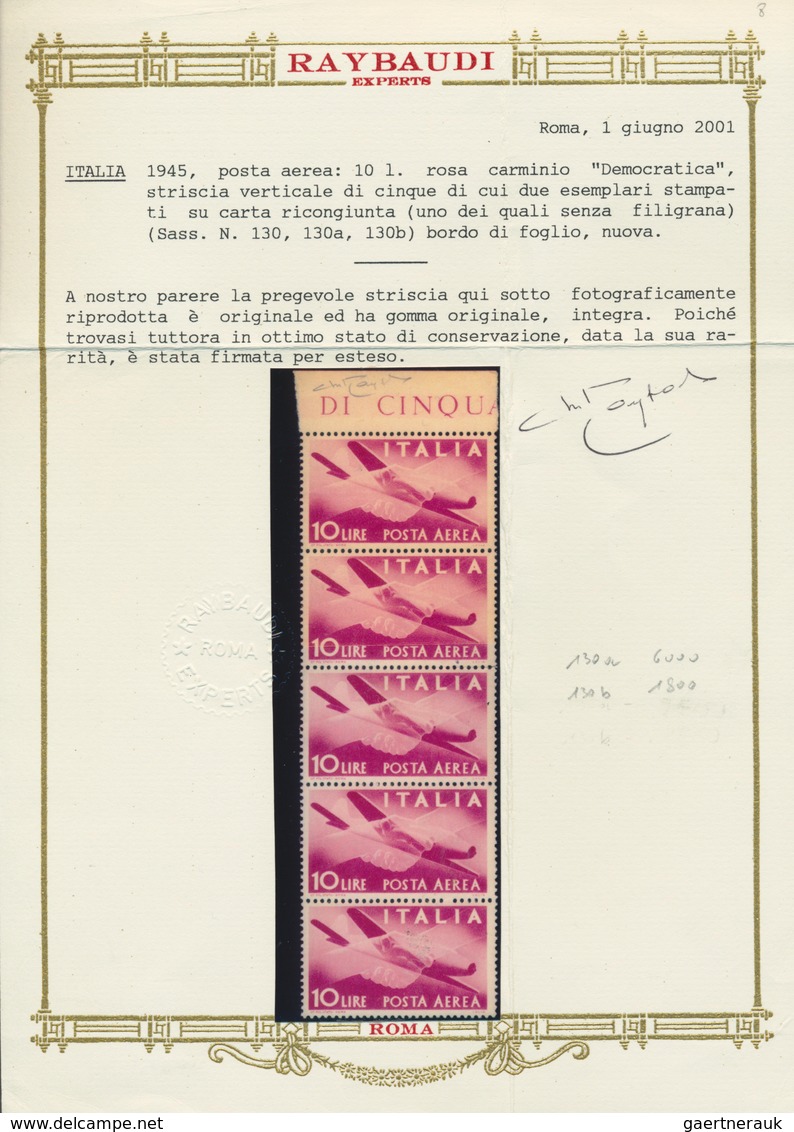 Italien: 1945, 10 L Rose-carmine In Vertical Stripe Of Five With Margin On Top, Two Stamps Printed O - Gebraucht