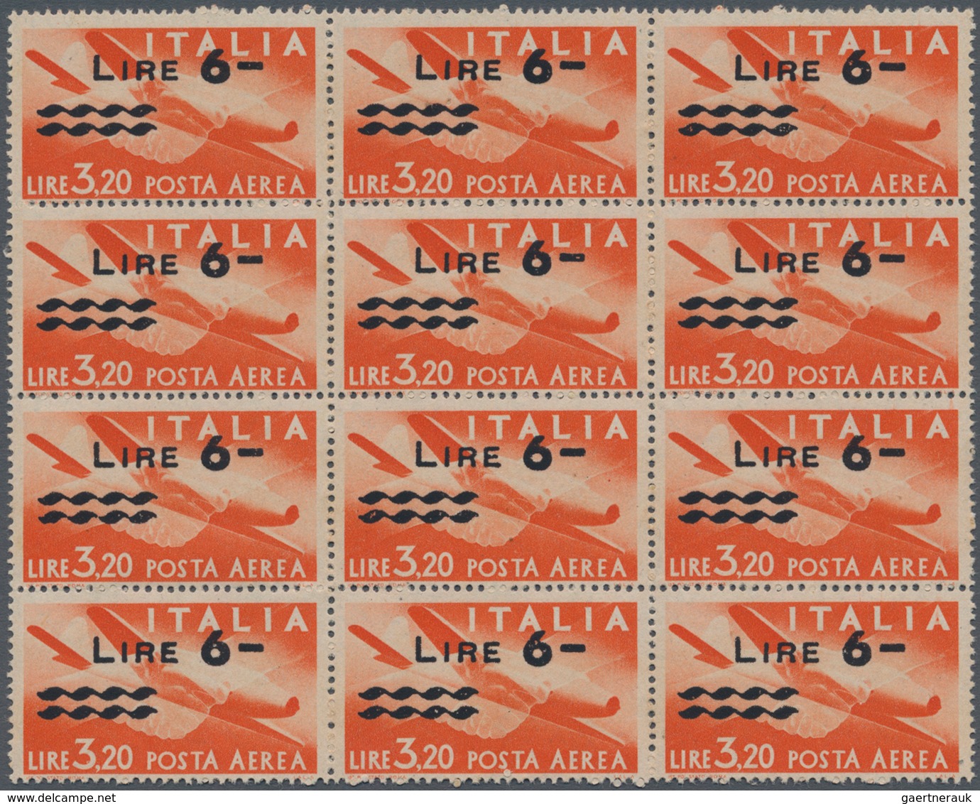 Italien: 1947, 6 L On 3,20 L Orange Overprint Airmal Stamp In Block Of Twelve, Mint Never Hinged ÷ 1 - Gebraucht