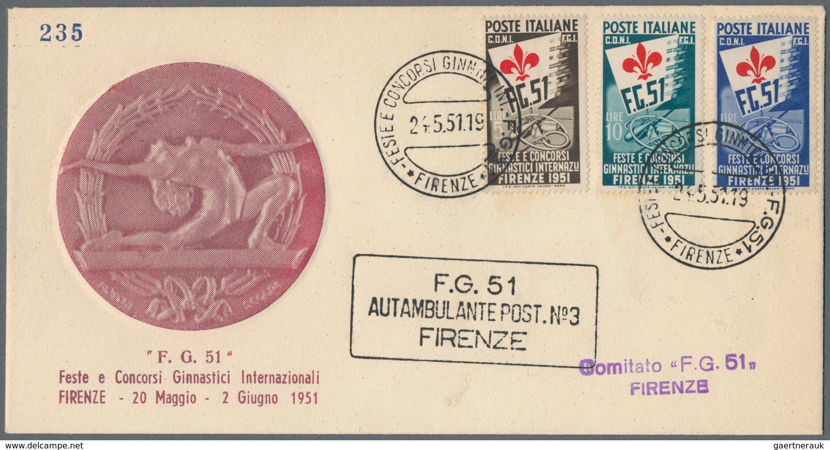 Italien: 1951, International Gymnastic Competitions, 3 Values On Exceptionally Nice Official FDC, Co - Gebraucht