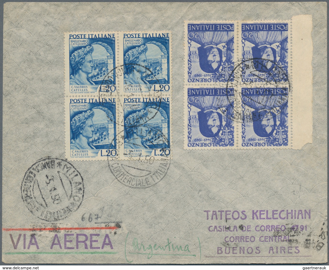 Italien: 1951. Lotto Di Due Lettere Posta Aerea Per L'Argentina La 1° Affrancata Con Blocco Di Quatt - Gebraucht