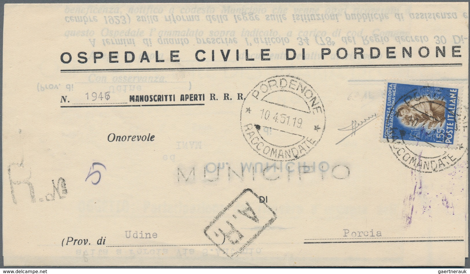 Italien: 1951. Piego "Monoscritti Apperti Raccomandati" Da Pordenone Per Porcia Affrancata Con Il 55 - Gebraucht