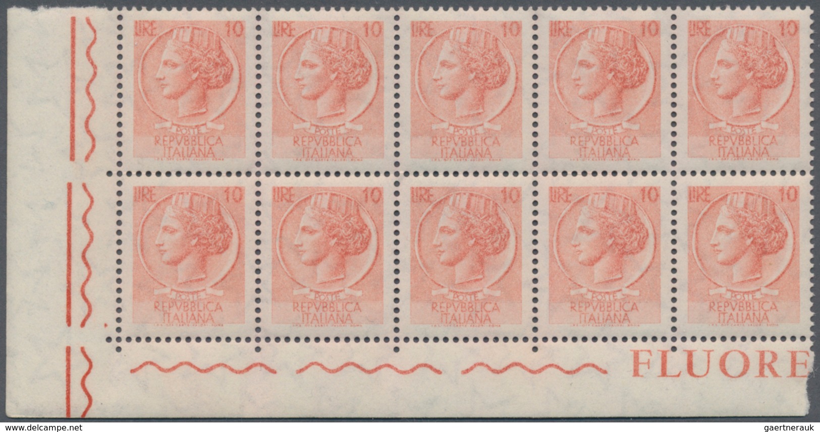 Italien: 1968. 10 L Siracusana, Evanescent Print, Mnh Block Of 10 From The Lower Left Corner Of The - Gebraucht