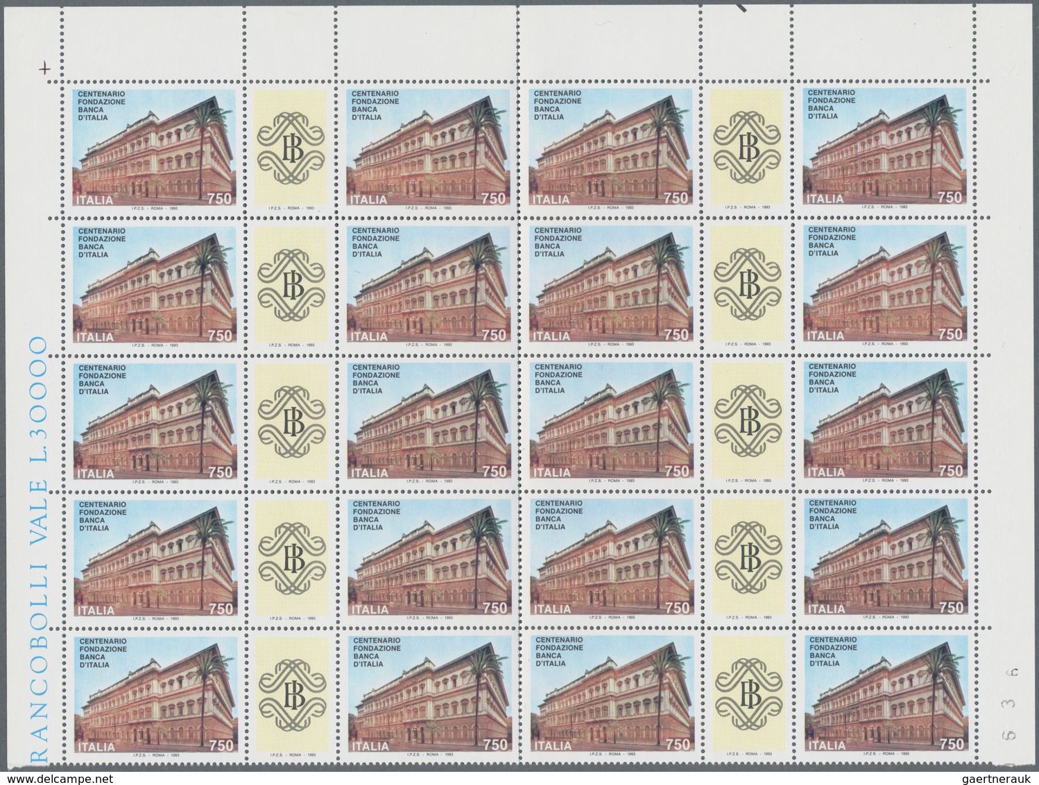 Italien: 1993. 100th Anniversary Of The National Bank. Upperhalf Of A Sheet Of 40, That Are 20 Stamp - Gebraucht