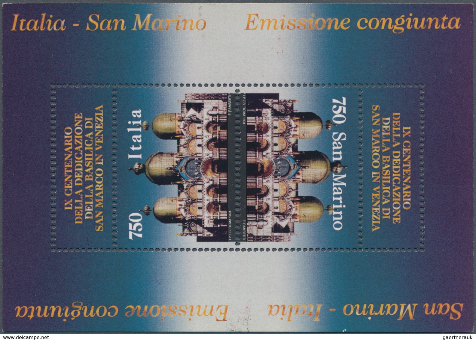 Italien: 1994. Joint Issue Italy-San Marino "San Marco Basilica In Venice", Mint Never Hinged With T - Gebraucht