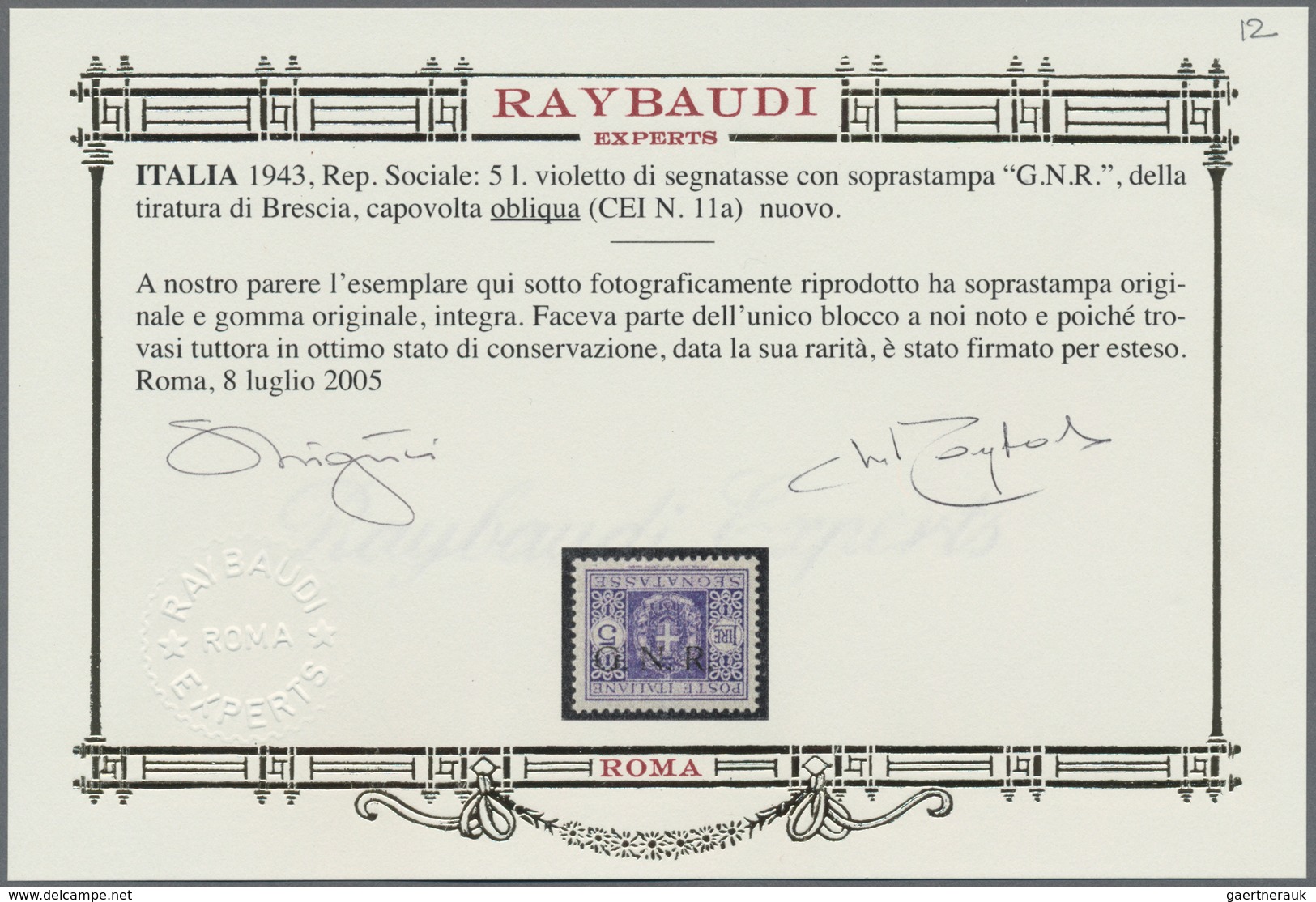 Italien - Militärpostmarken: Nationalgarde: 1943. 5 Lire Violet Postage Due, Overprinted In Brescia - Andere & Zonder Classificatie