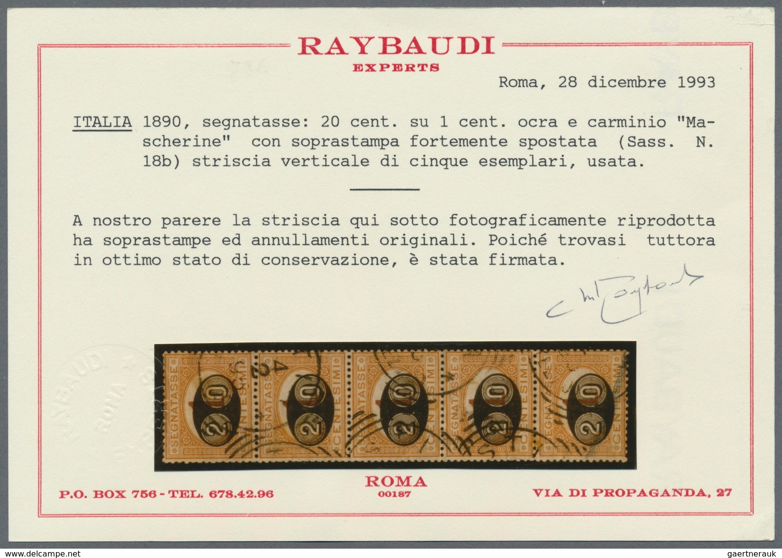 Italien - Portomarken: 1890, 20 Cent. On 1 Cent Orange/carmine Stripe Of Five Stamped, All Items In - Postage Due