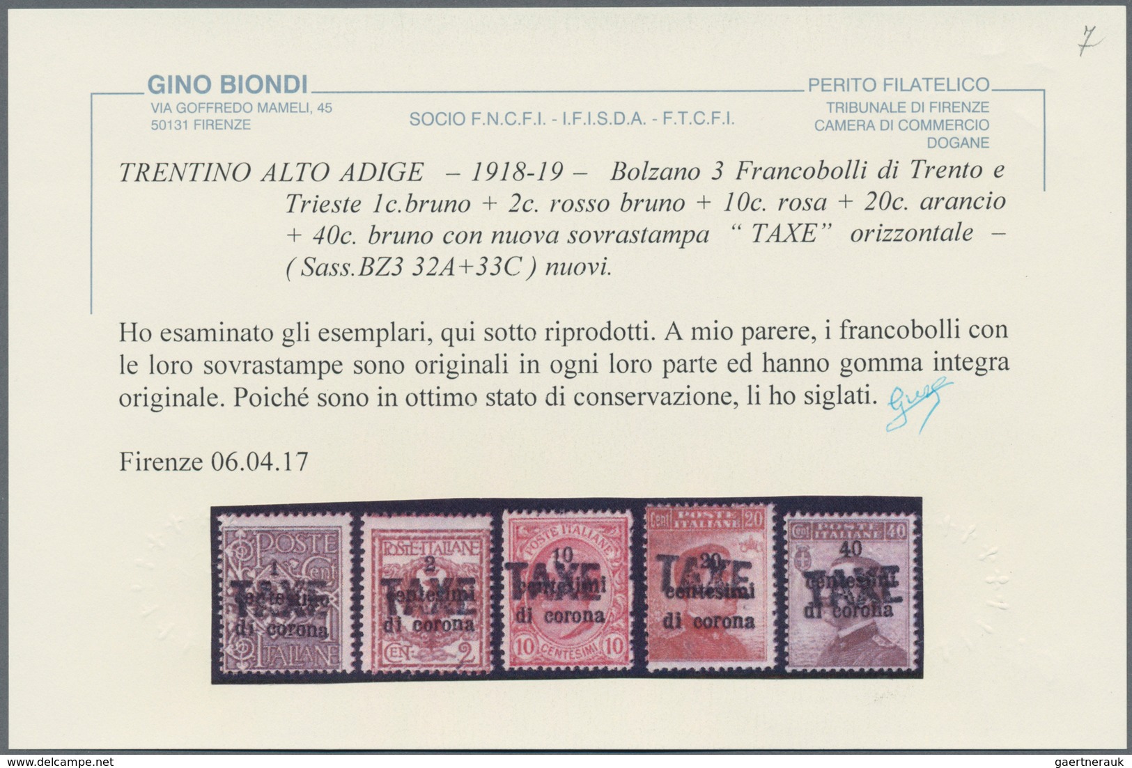 Italienische Besetzung 1918/23 - Trentino: 1918/19. Italian Definitives, 1 C - 40 C (5 Values), Over - Trento