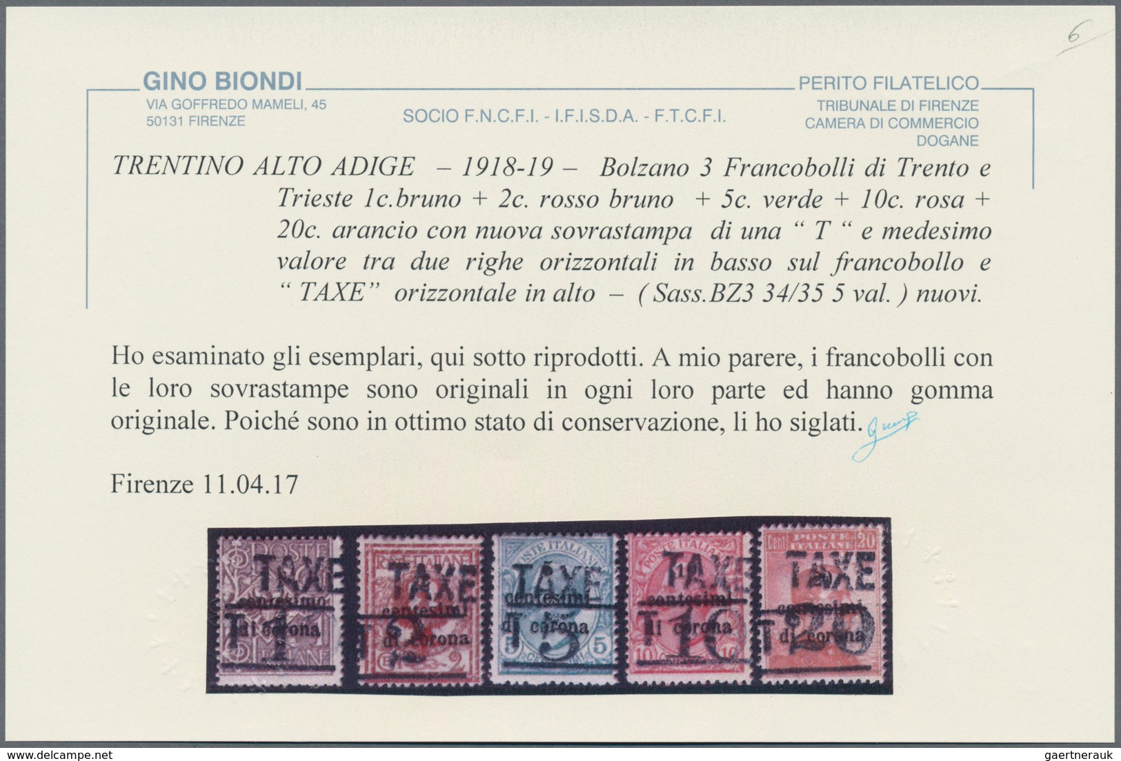 Italienische Besetzung 1918/23 - Trentino: 1919: Italian Definitives, Five Values, 1 - 20 Centesimi, - Trento