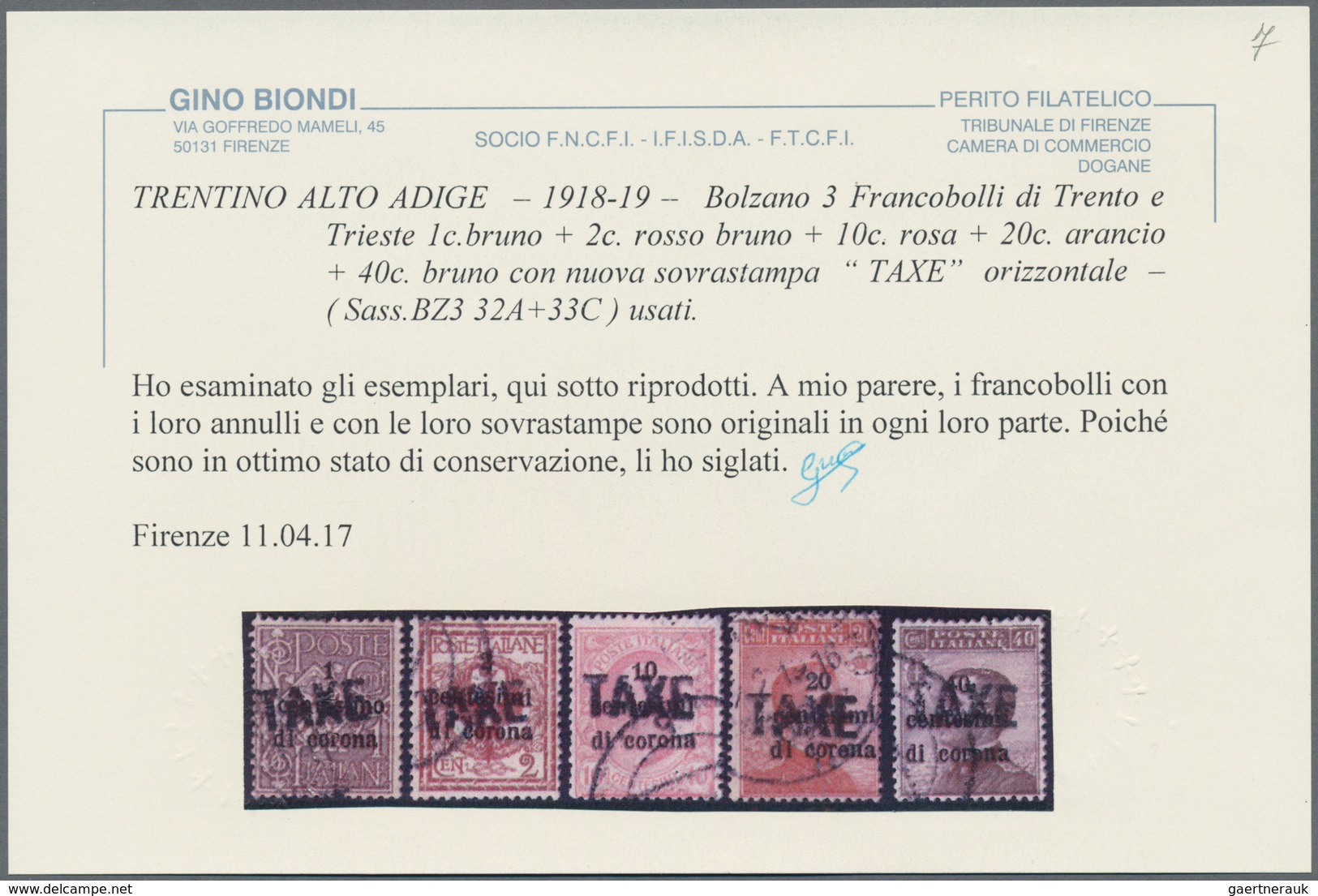 Italienische Besetzung 1918/23 - Trentino: 1918/19. Italian Definitives, 1 C - 40 C (5 Values), Over - Trente