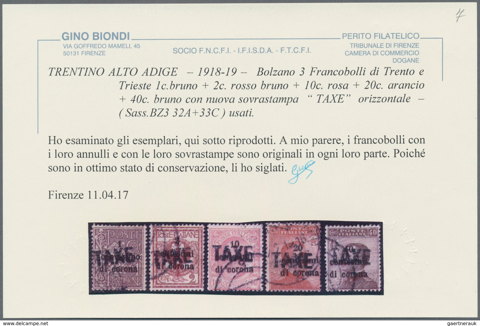 Italienische Besetzung 1918/23 - Trentino: 1918/19. Italian Definitives, 1 C - 40 C (5 Values), Over - Trento