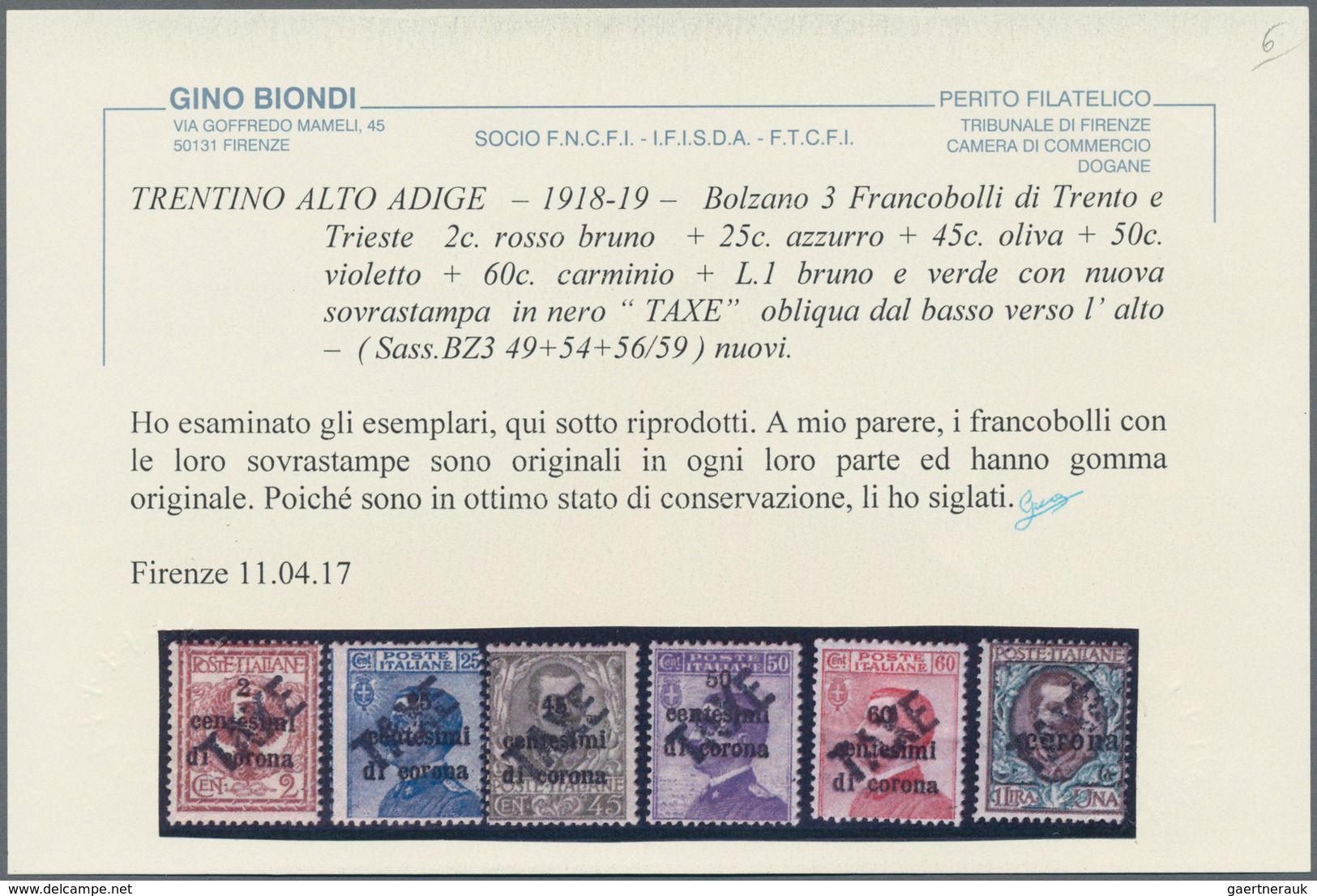 Italienische Besetzung 1918/23 - Trentino: 1919: Italian Definitives, Eleven Values, 1 C - 1 L , Ove - Trente