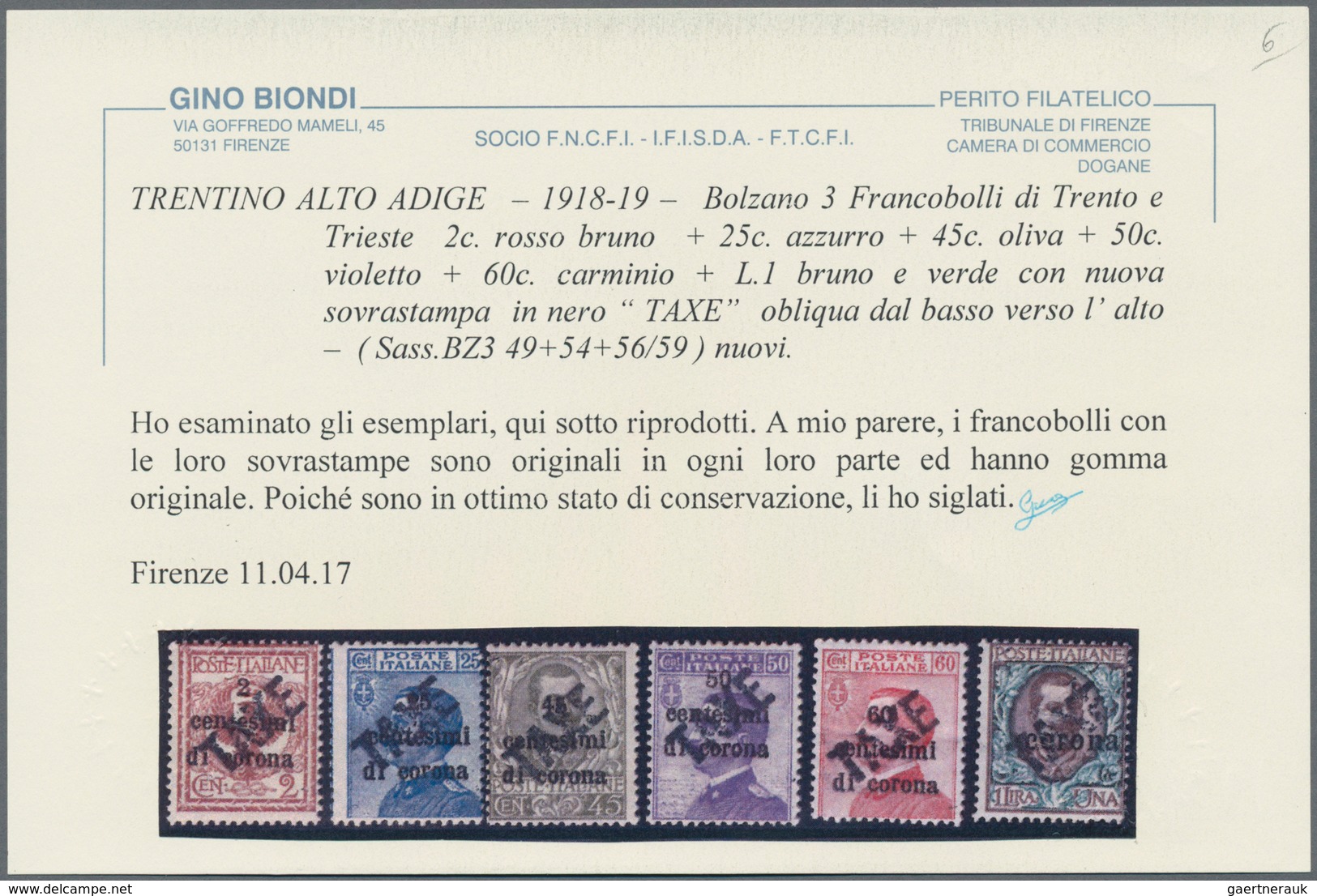 Italienische Besetzung 1918/23 - Trentino: 1919: Italian Definitives, Eleven Values, 1 C - 1 L , Ove - Trento