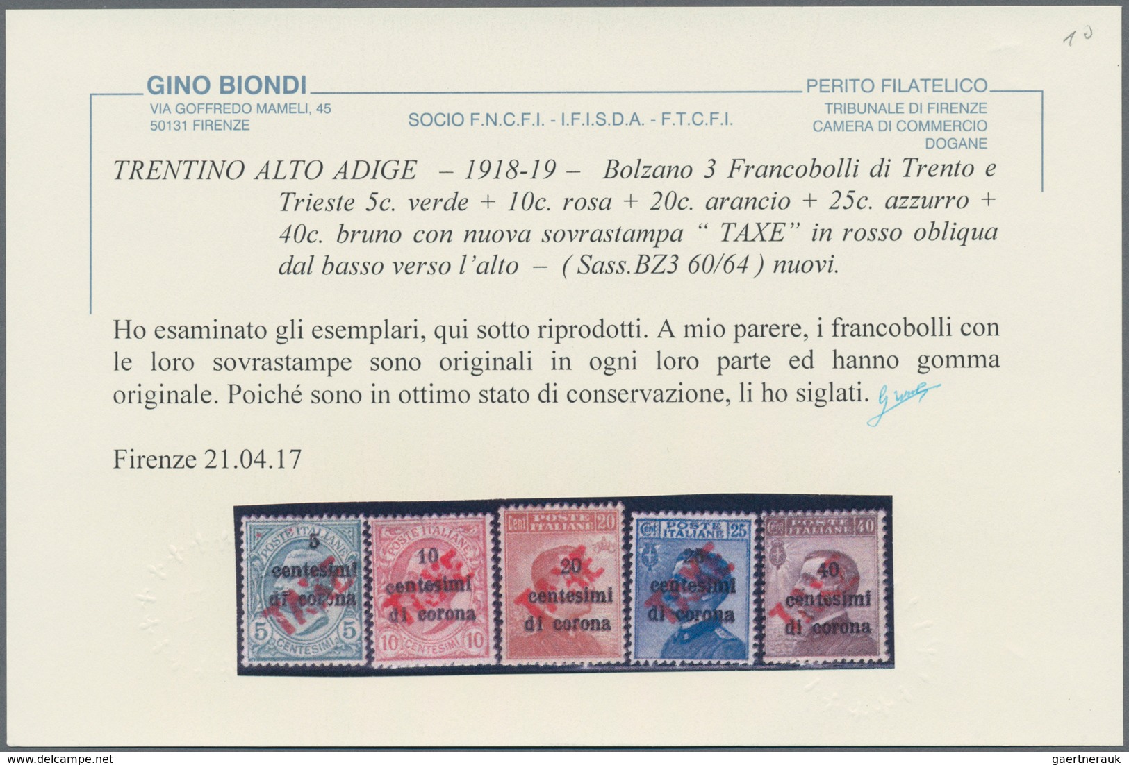 Italienische Besetzung 1918/23 - Trentino: 1919: Italian Definitives, Five Values, 5 - 40 Centesimi, - Trento