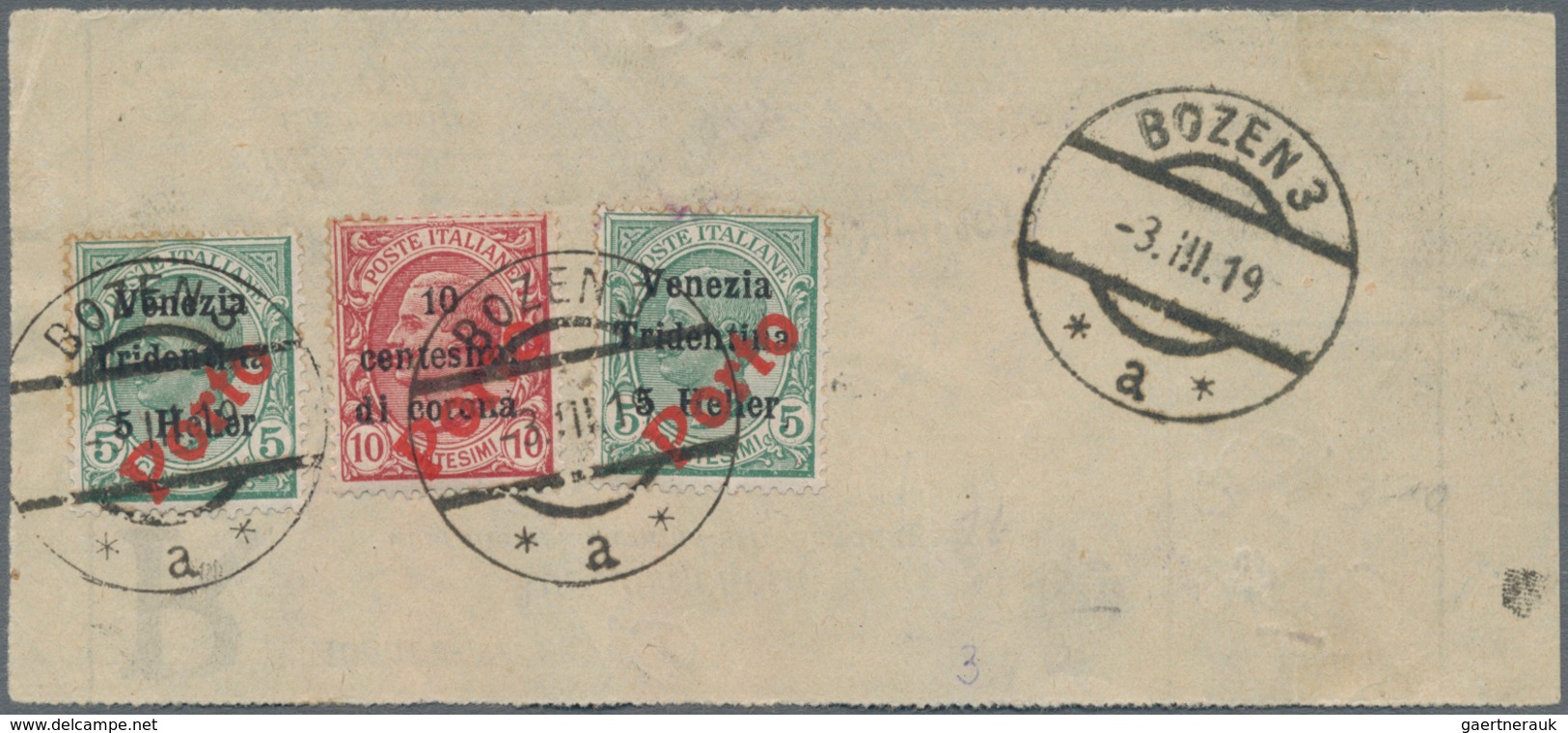 Italienische Besetzung 1918/23 - Trentino: POSTAGE DUES: 1919, "Porto" On 5h. On 5c. Green (2) And 1 - Trente