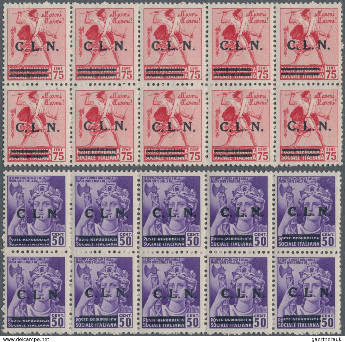 Italien - Lokalausgaben 1944/45 - Torino: 1944, 20 C To 75 C Overprint Stamps In Blocks Of Ten (30 C - Centraal Comité Van Het Nationaal Verzet (CLN)