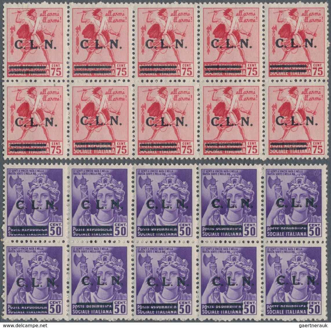 Italien - Lokalausgaben 1944/45 - Torino: 1944, 20 C To 75 C Overprint Stamps In Blocks Of Ten (30 C - National Liberation Committee (CLN)