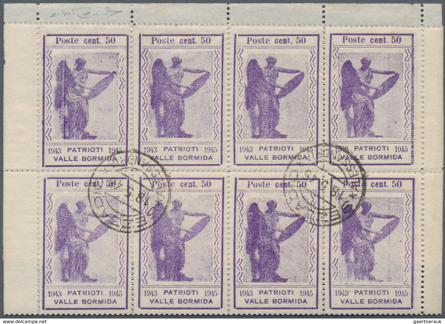 Italien - Lokalausgaben 1944/45 - Valle Bormida: 1945, 50 Cent. Violet Original Sheet Of 20 Items (2 - Centraal Comité Van Het Nationaal Verzet (CLN)