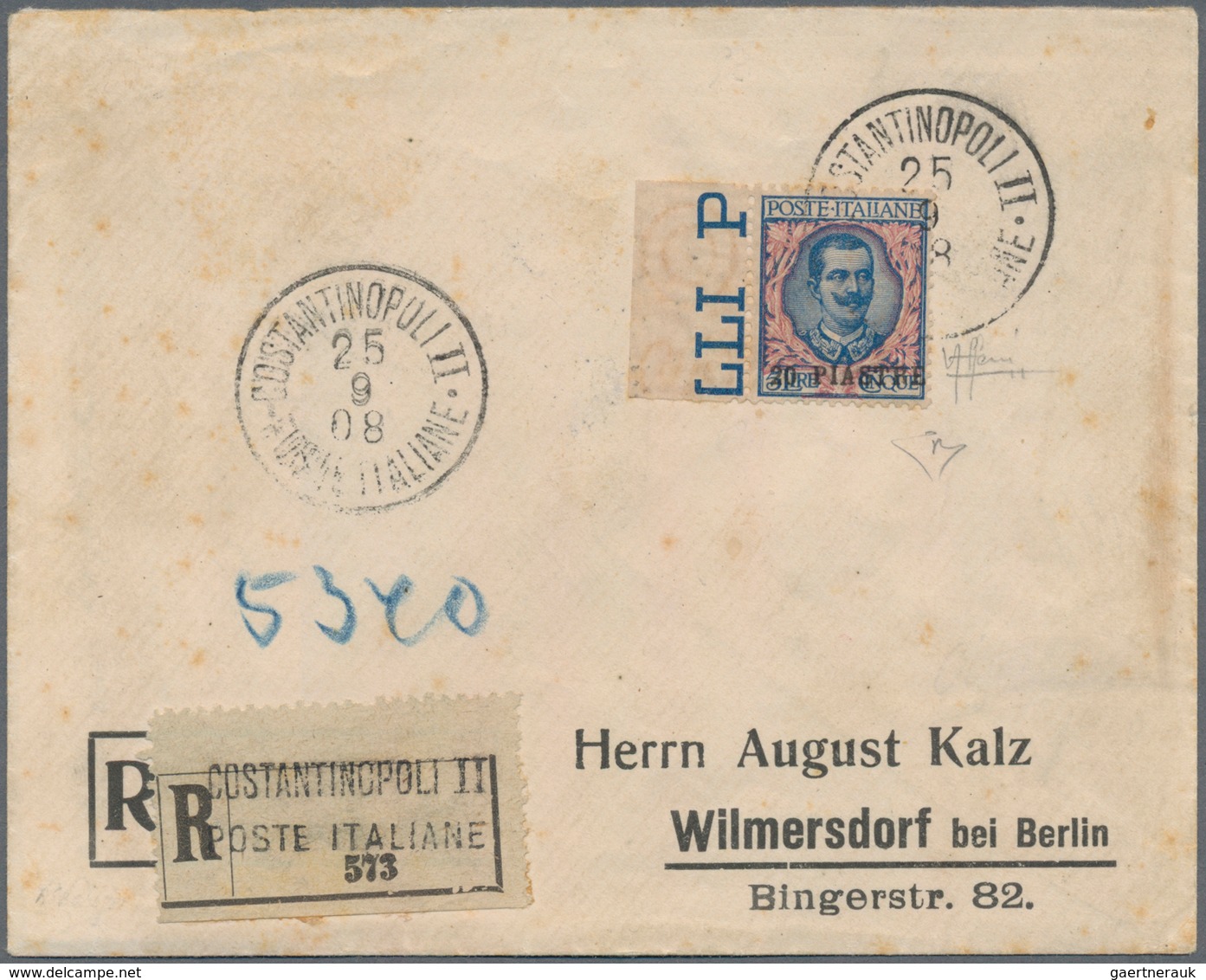 Italienische Post In Der Levante: 1908, Postage Stamp 20 PIA On 5 L On R Letter From Constantinople - Algemene Uitgaven