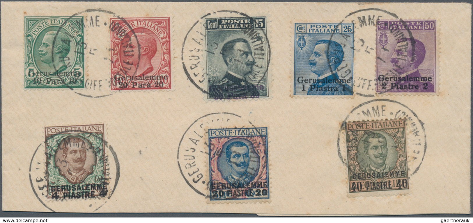Italienische Post In Der Levante: 1909, Part Cover Bearing Set Of Eight Values 10 Para On 5 C. Green - Amtliche Ausgaben