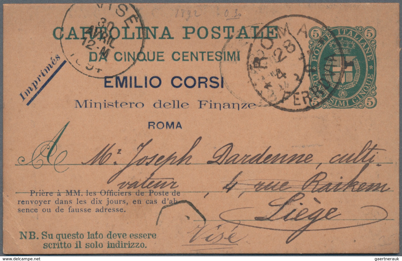 Italien - Ganzsachen: 1889: 5 C Green On Brown Carton Postal Stationery Card, Preprinted On The Reve - Postwaardestukken