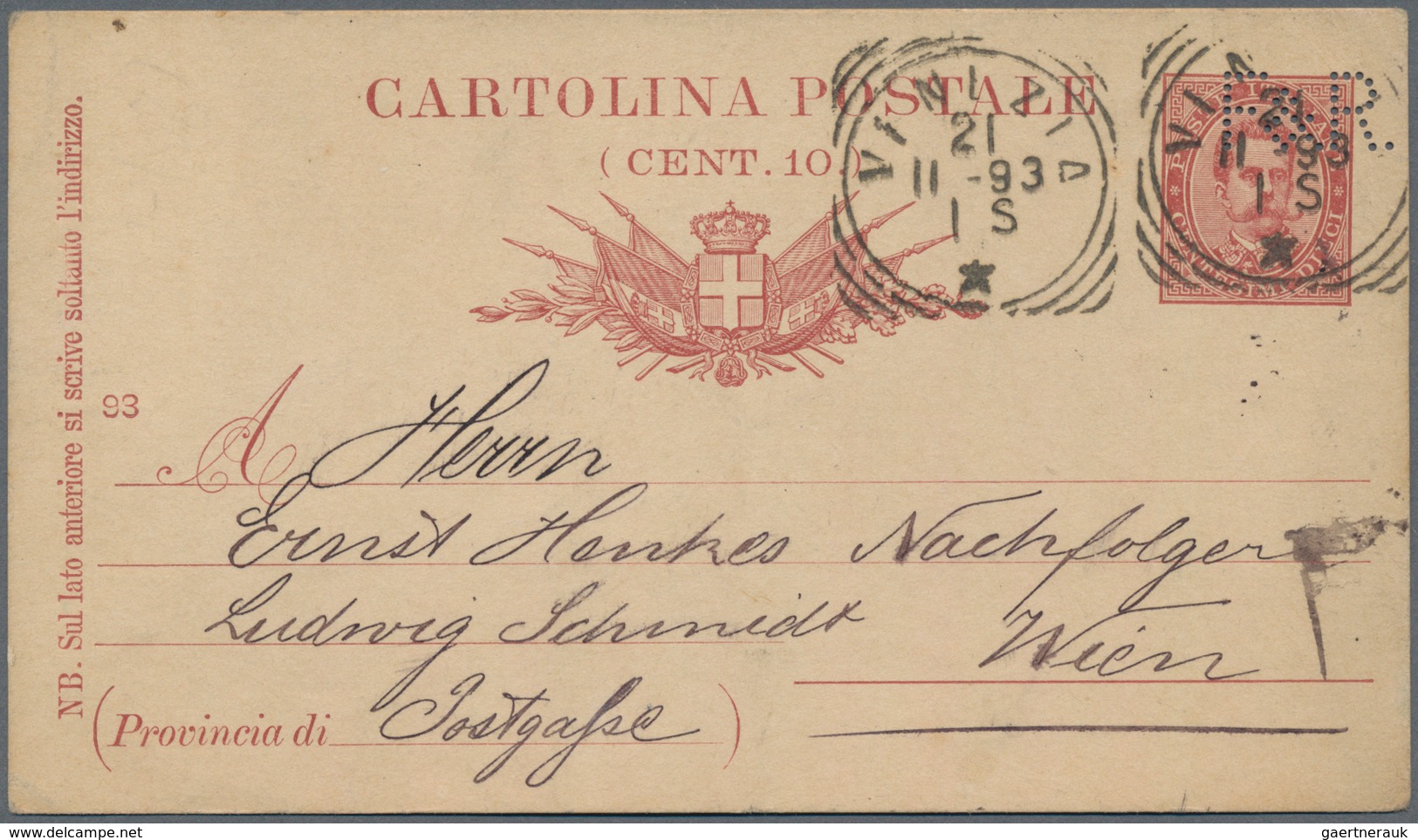 Italien - Ganzsachen: 1893, 10 Cent. Postal Stationery Card, Wth F&R (Fischer Und Rechsteiner) Perfi - Postwaardestukken