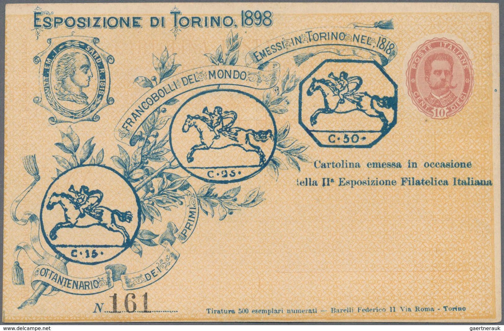 Italien - Ganzsachen: 1898. "Cavallini Sardi". Postal Stationery Commemmorative For The Turin Exhibi - Ganzsachen