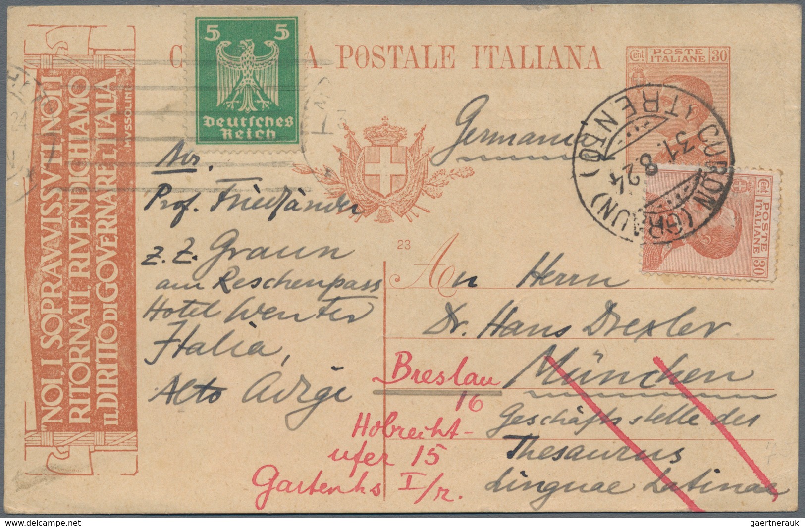 Italien - Ganzsachen: 1924, 30 C Brown Postal Stationery Card With Additional Franking From Curon/Tr - Postwaardestukken
