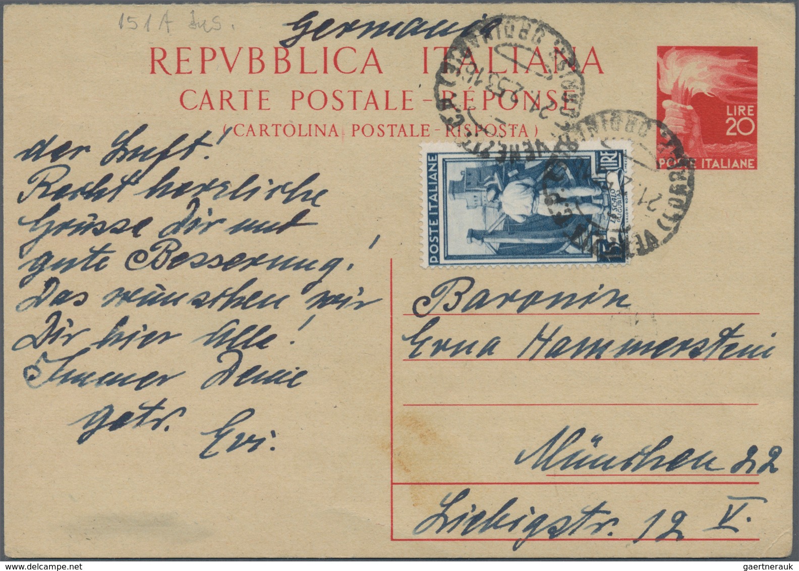 Italien - Ganzsachen: 1948. 20 L Red, International Postal Stationery Double Card. Here The Reply Pa - Ganzsachen