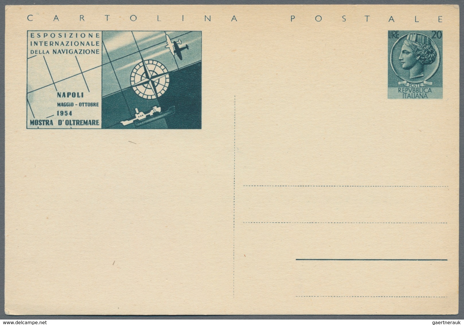 Italien - Ganzsachen: 1954. Overseas Exhibition Naples - International Navigation Exhibition. 20 L G - Stamped Stationery