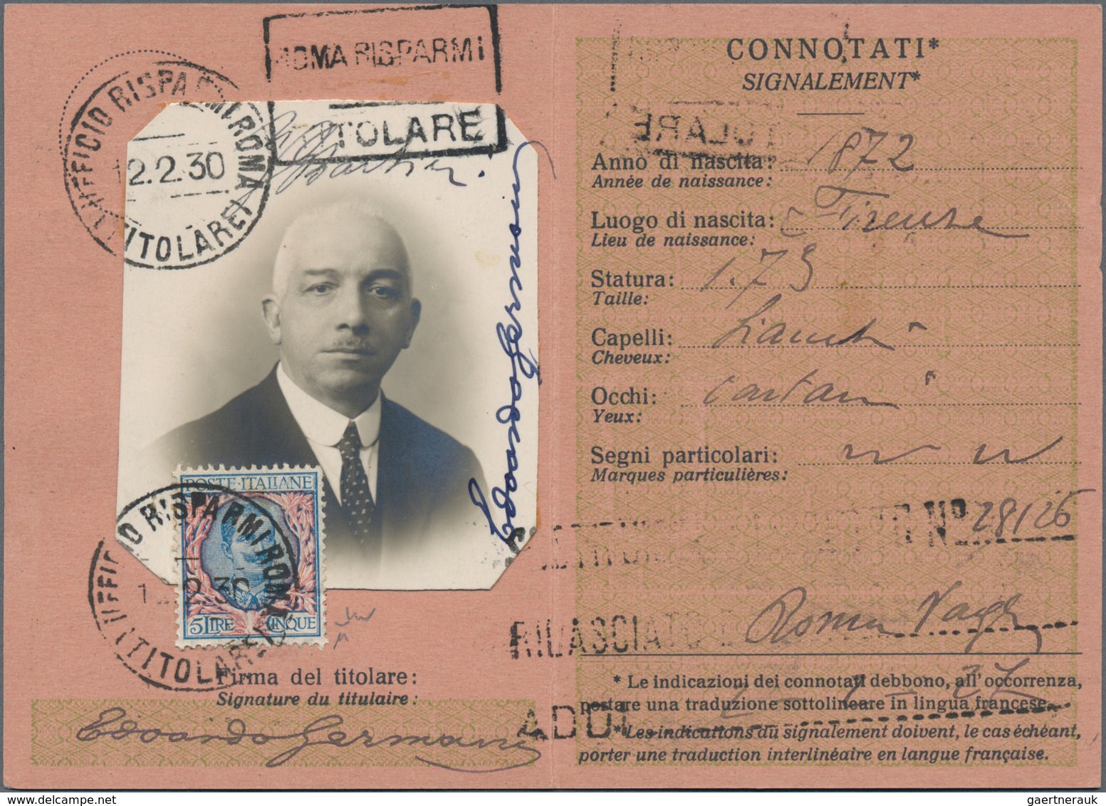 Italien - Besonderheiten: 1901/1930: Postal Identity Card, Fees Paid With A 5 Lire From The 1901 "Fl - Zonder Classificatie