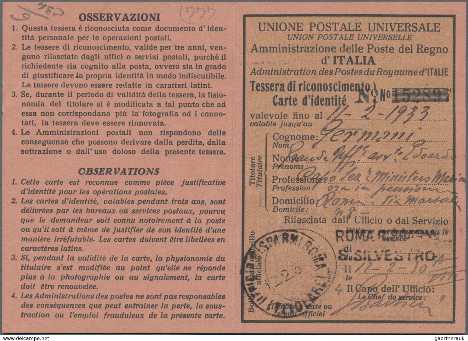 Italien - Besonderheiten: 1901/1930: Postal Identity Card, Fees Paid With A 5 Lire From The 1901 "Fl - Ohne Zuordnung