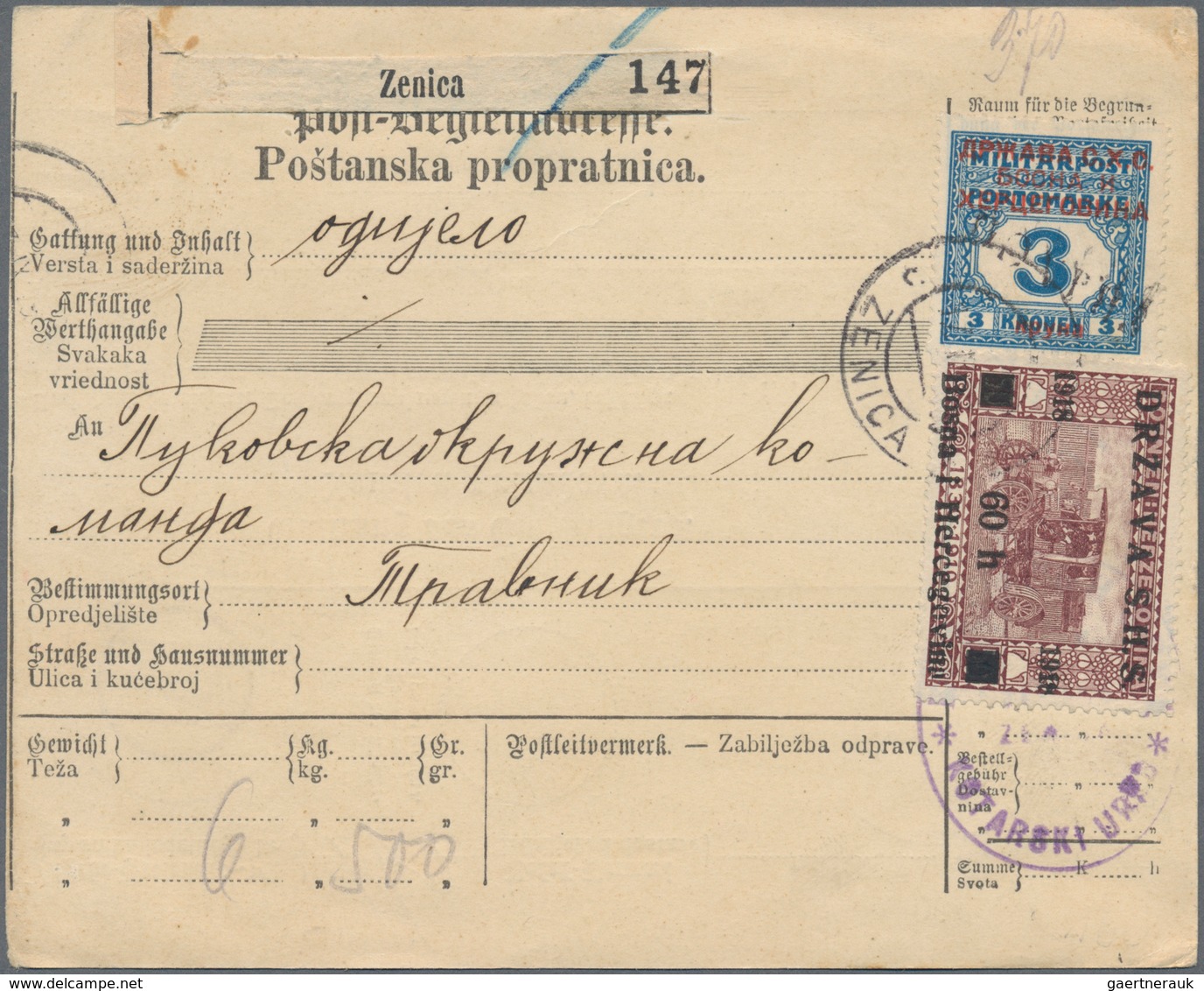Jugoslawien: 1919, 60 H Dark Lilac And 3 Kr Blue Postage Due (issues For Bosnia-Herzegovina), Togeth - Covers & Documents